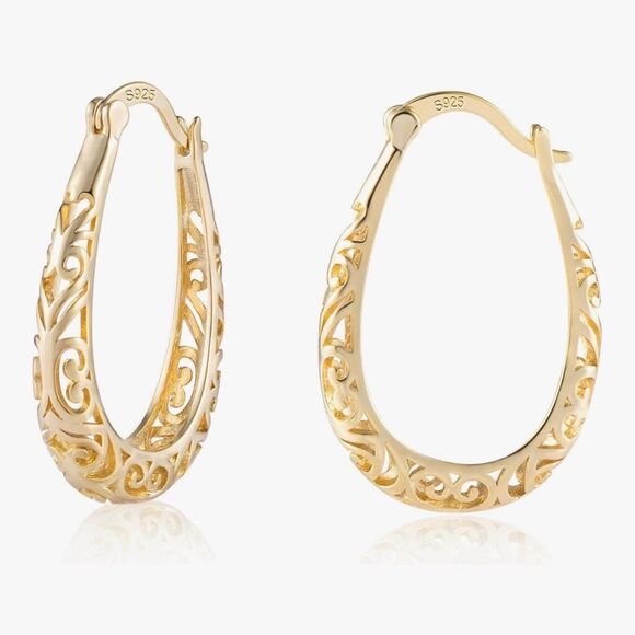 Jewelry - NEW 14K Gold Plated Filigree Hoop Earrings